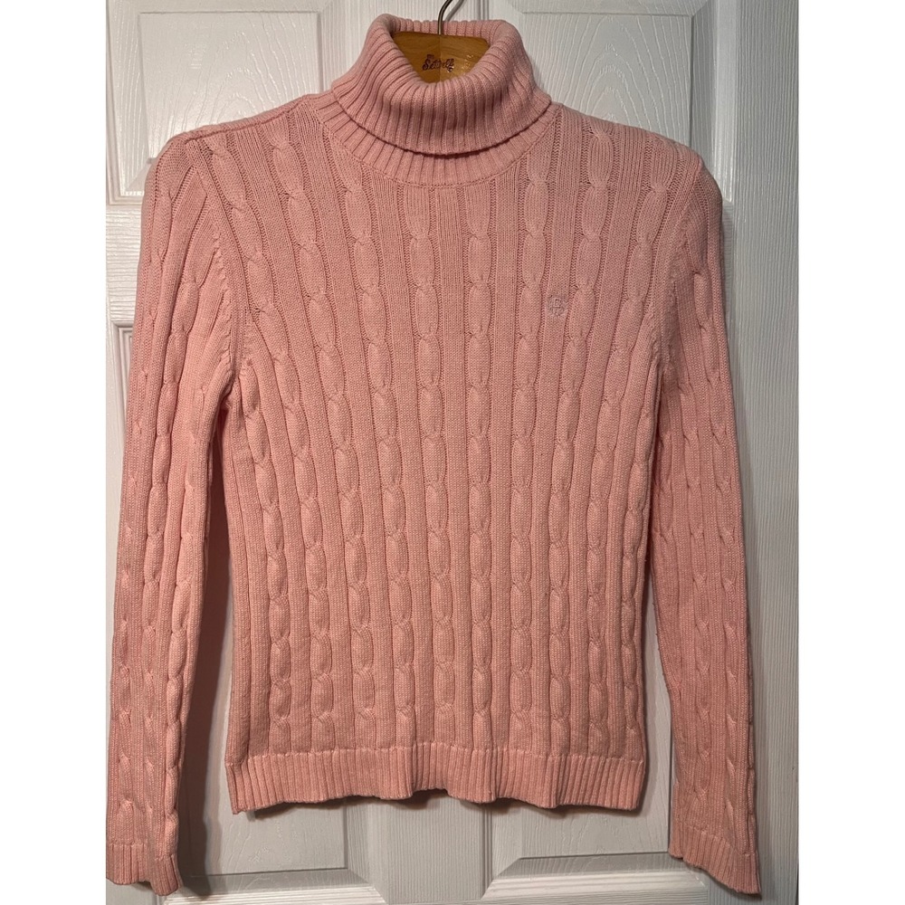 Chaps Classics Womens Pink Cable Knit Turtleneck Sweater 100% Cotton Large